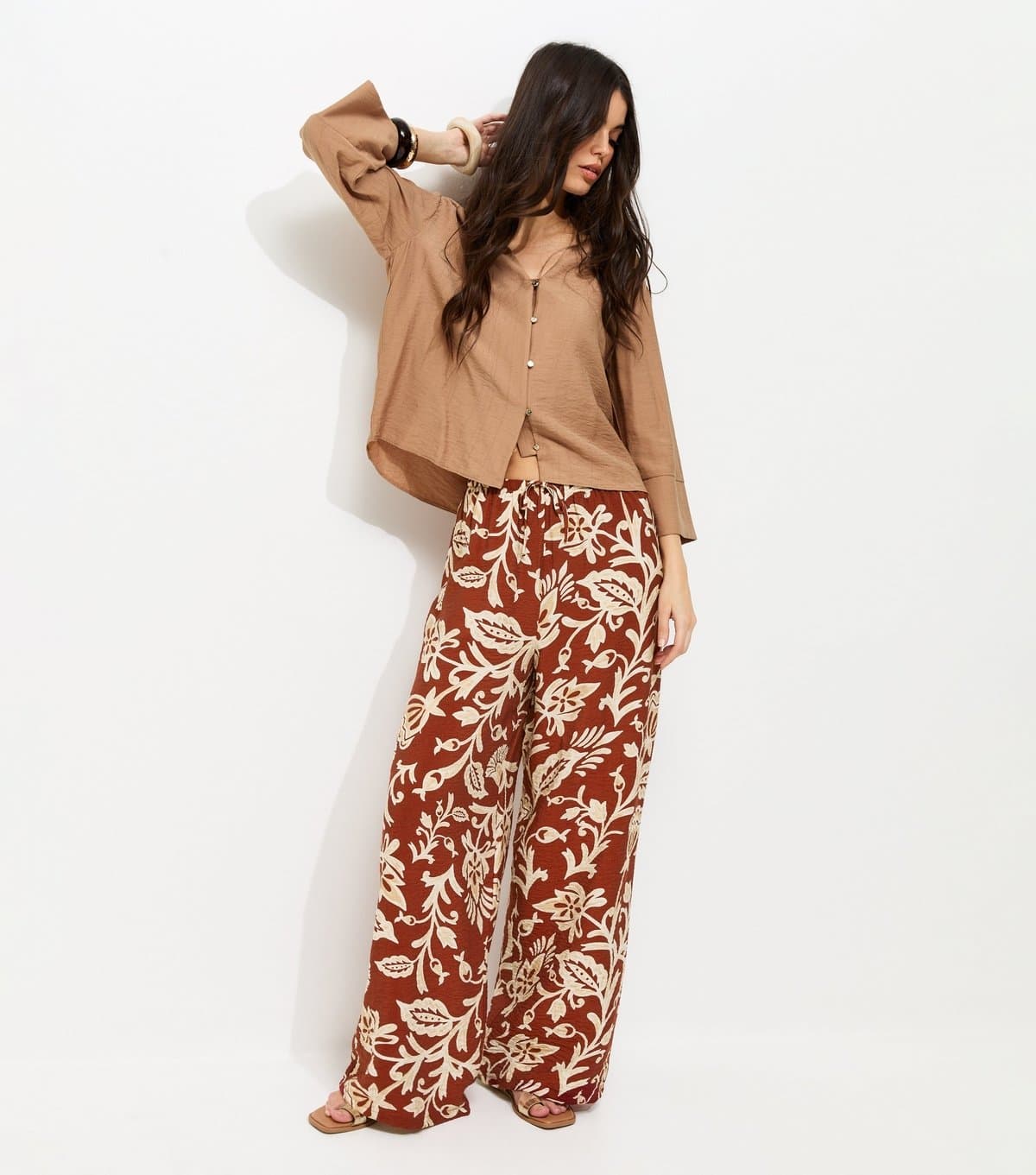 New Look Women's Red Folk Leaf Print Wide Leg Trousers New Look