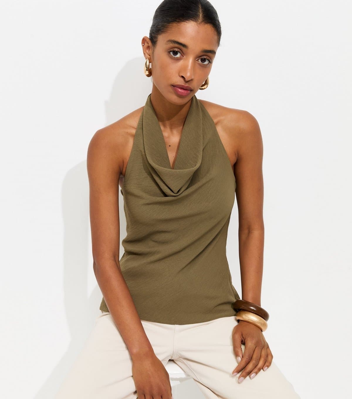 New Look Women's Dark Khaki Cowl Halter Neck Top New Look