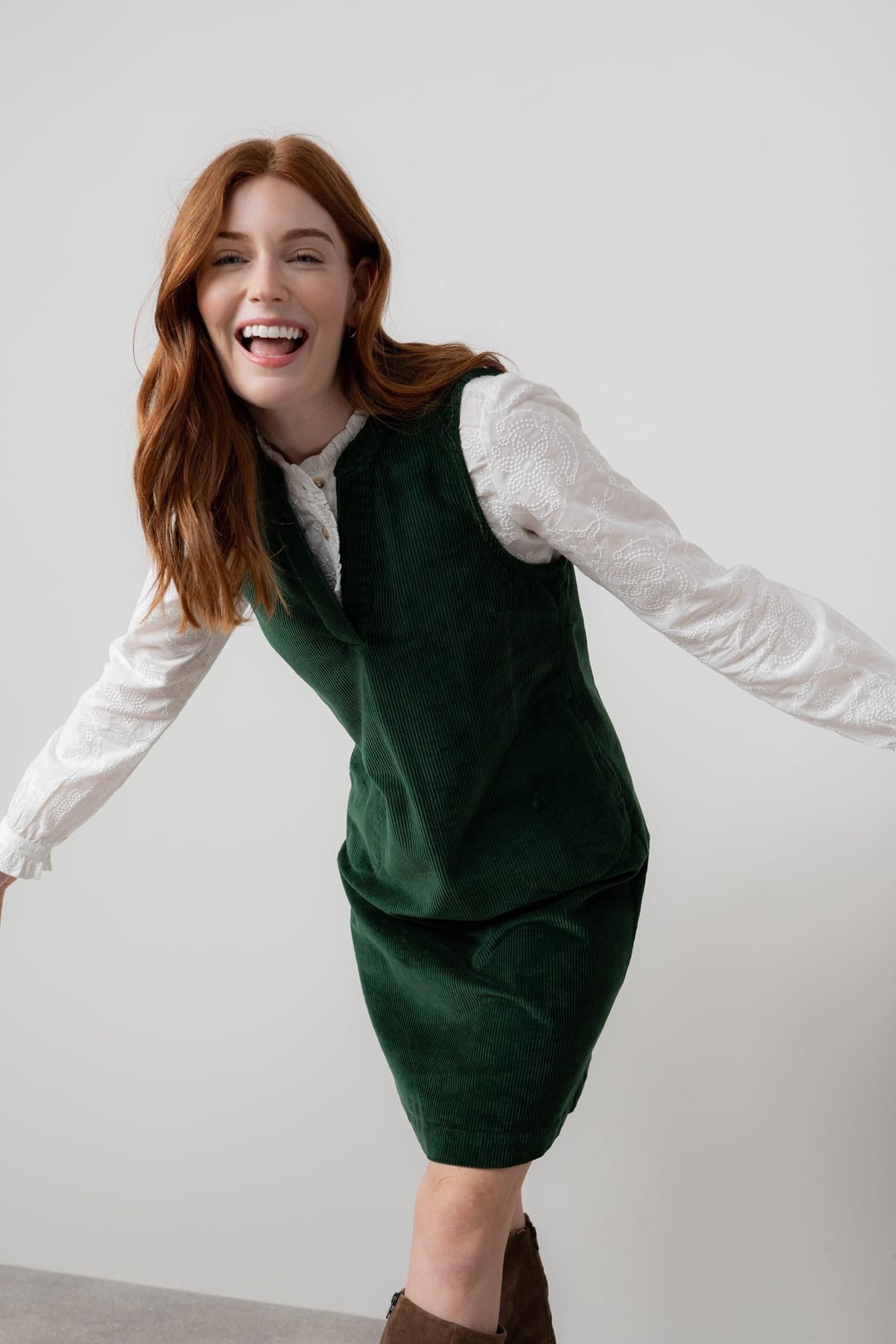 Lily & Me Lily & Me Women's Belle Stretch Cotton Jumbo Cord Knee Length Dress in Dark Green - 1