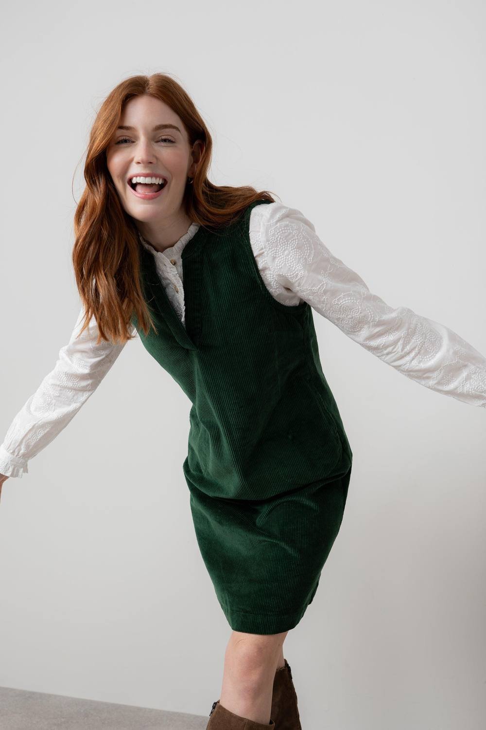 Lily & Me Lily & Me Women's Belle Stretch Cotton Jumbo Cord Knee Length Dress in Dark Green - 2