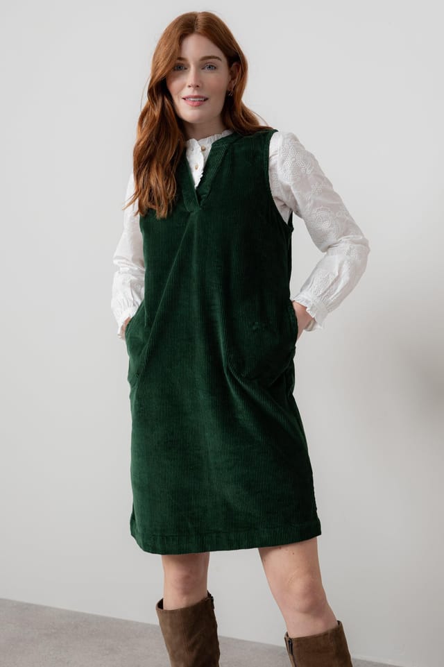 Lily & Me Lily & Me Women's Belle Stretch Cotton Jumbo Cord Knee Length Dress in Dark Green - 2