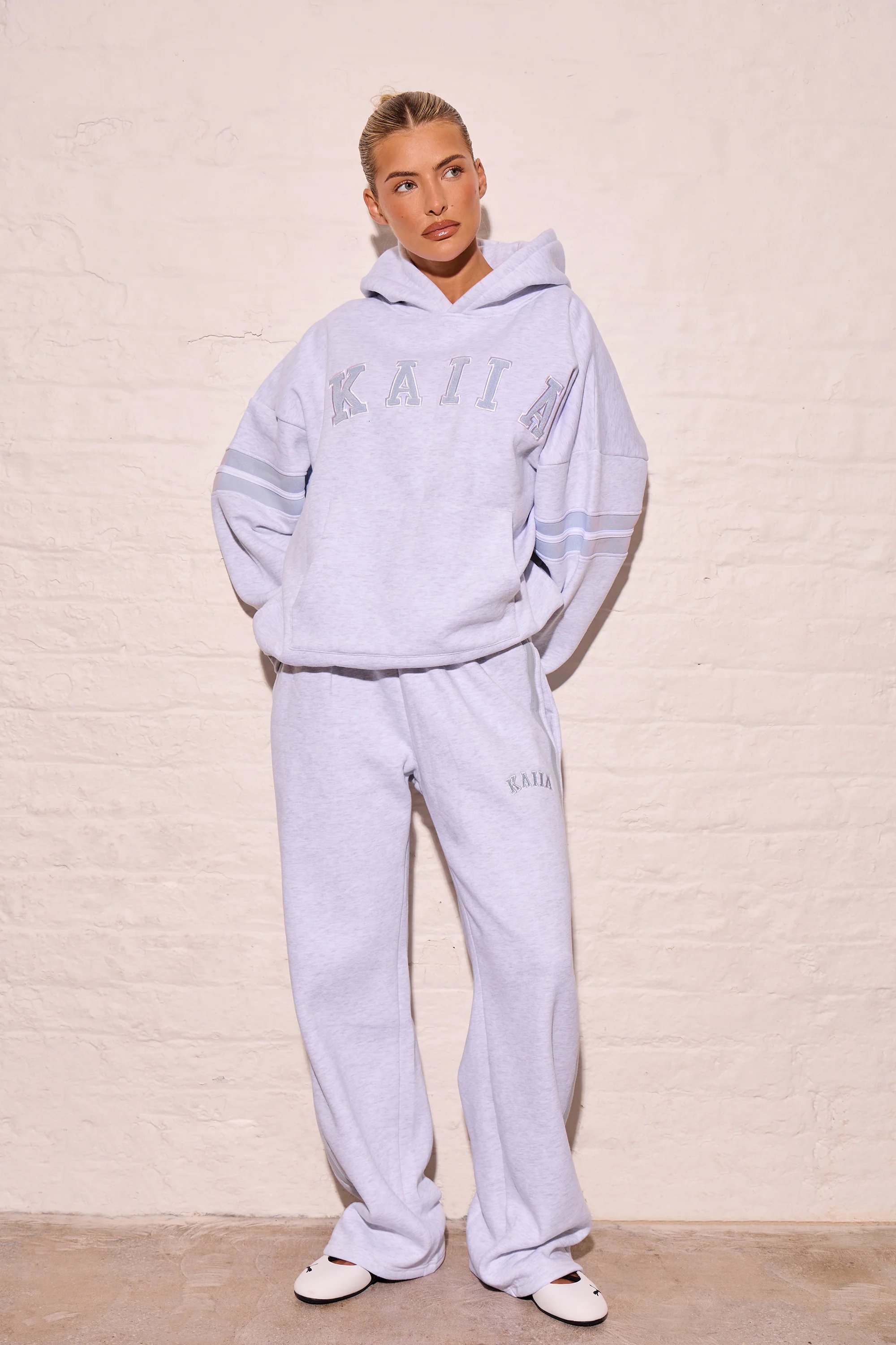 Kaiia Kaiia Arm Detail Oversized Hoodie Light Grey Marl & Dusty Blue - 3
