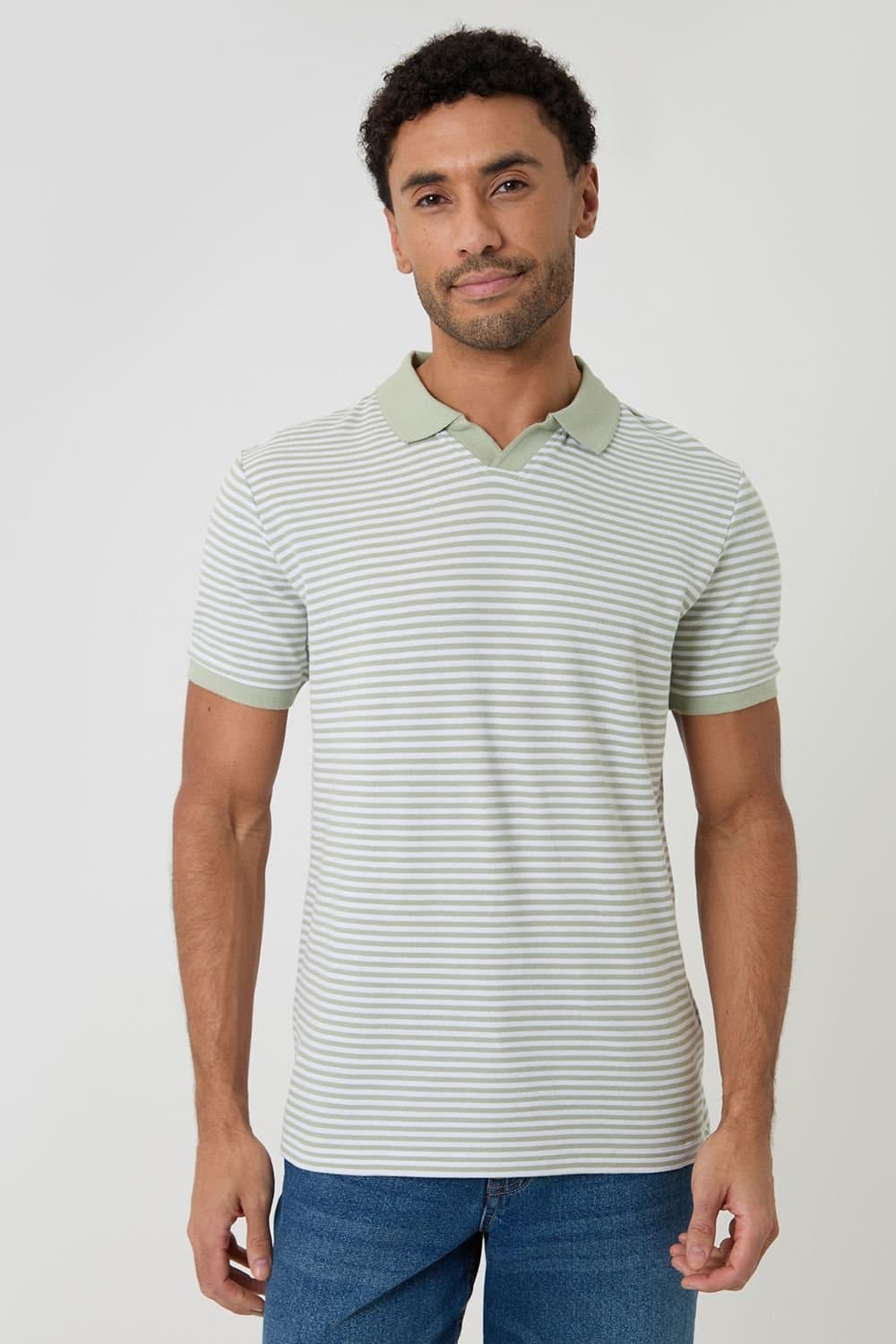 Threadbare threadbare Men's Stripe Trophy Neck Polo Shirt in Pale Green