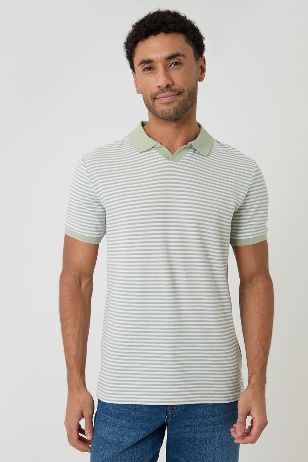 Threadbare Men's Stripe Trophy Neck Polo Shirt in Pale Green