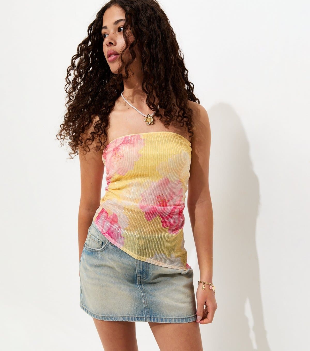 New Look Girls' Yellow Hibiscus Sequin Embellished Asymmetric Bandeau Top New Look