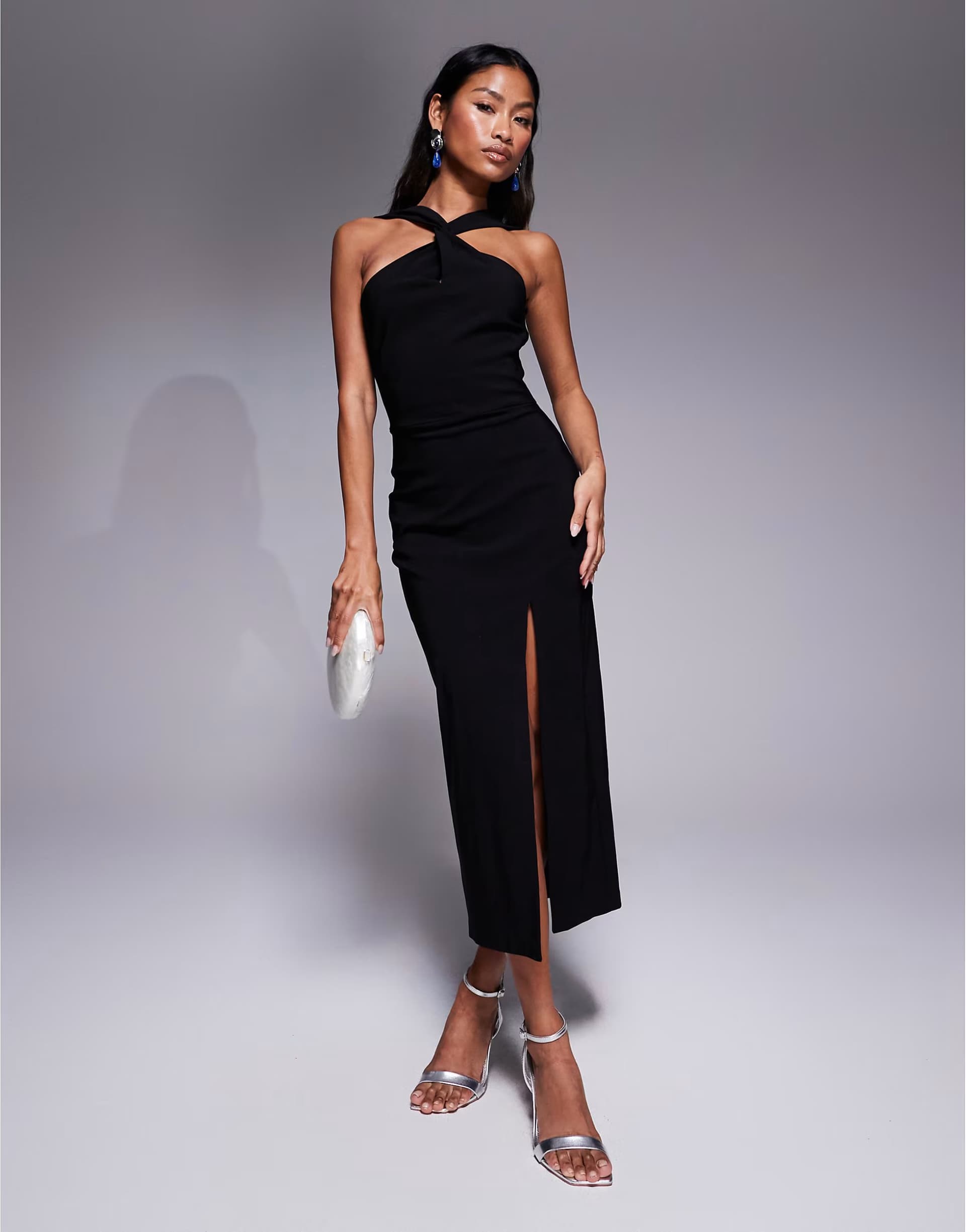 ASOS Vesper bengaline twist front halter neck side split midaxi dress in black