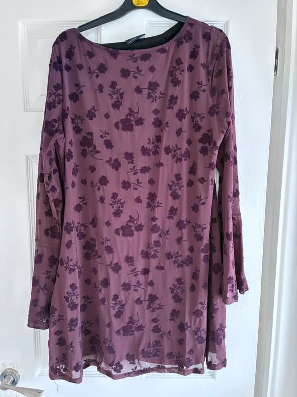 ASOS ASOS design flocked floral mini dress with flute sleeve in fig
