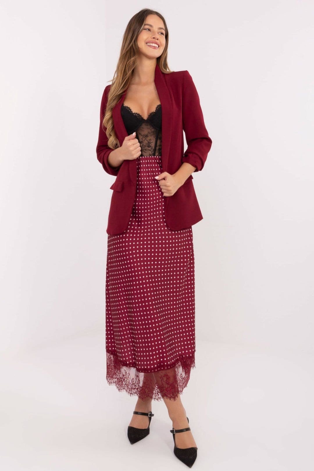 Love Lace Red Polka Dot Midi Lace Hem Skirt with Elastic