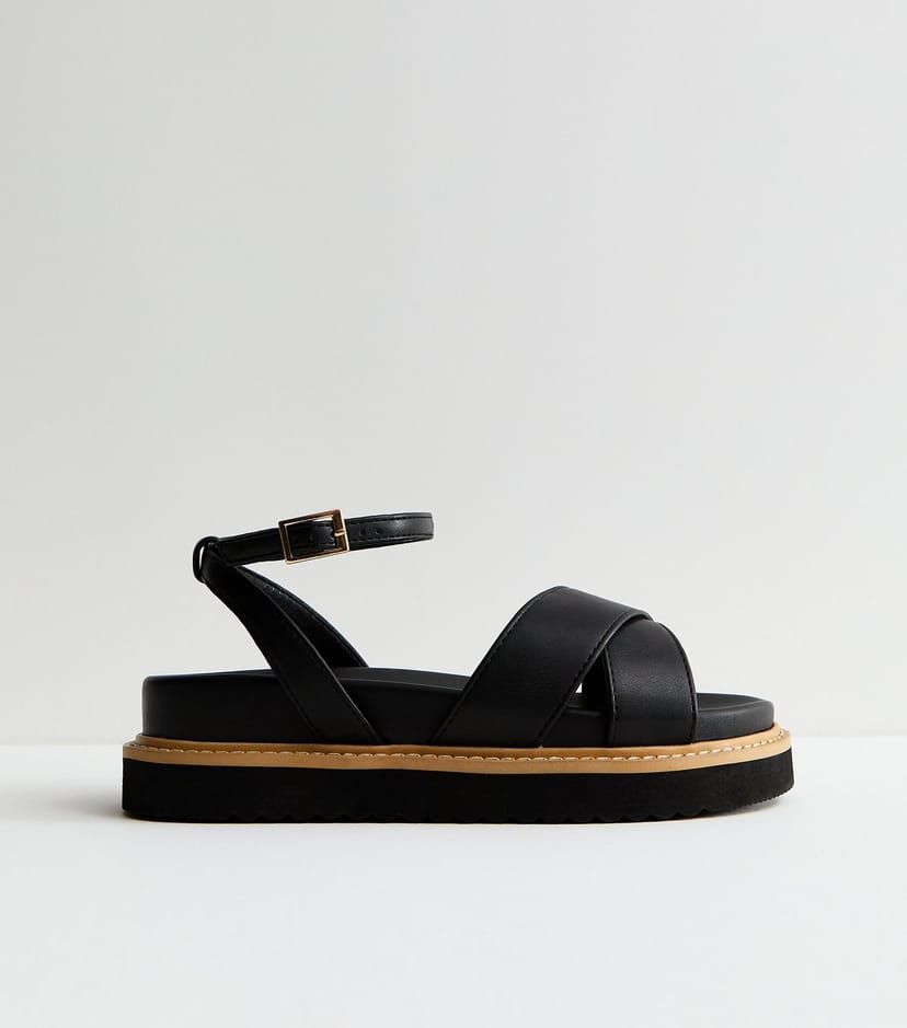 New Look Women's Wide Fit Black Faux Leather Crossover Strap Sandals Vegan New Look - 1