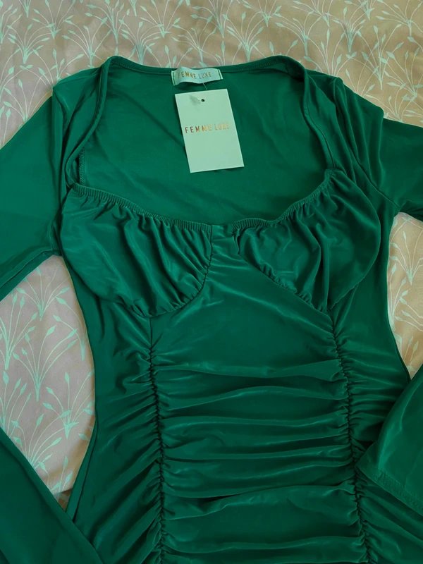 ASOS Femme Luxe UK8 ruched mini dress with tie detail in emerald green - 1