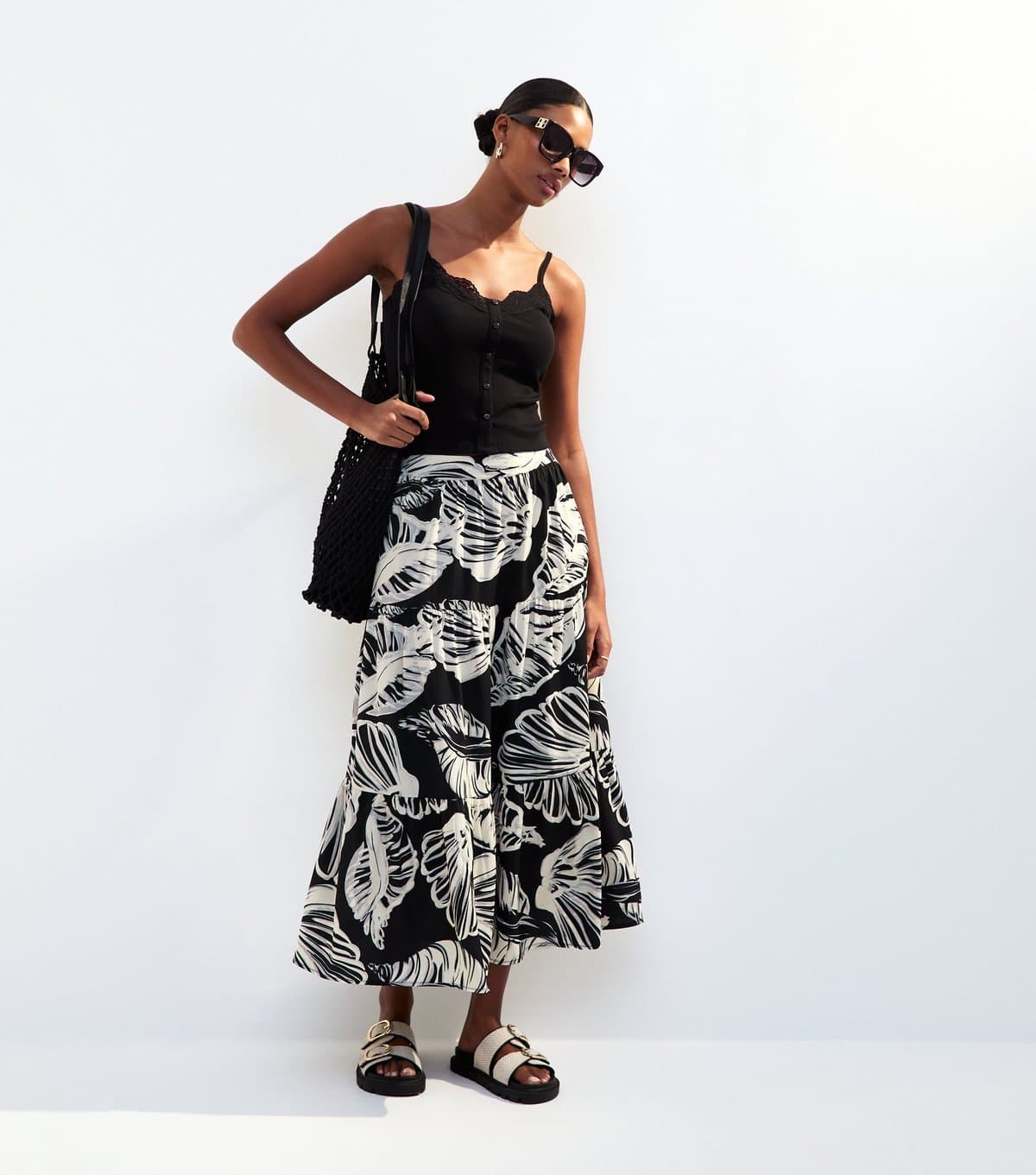 New Look Women's Black Leaf Print Tiered Midi Skirt New Look
