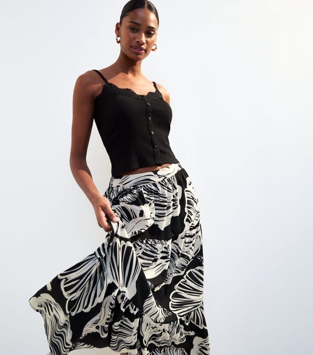 New Look Women's Black Leaf Print Tiered Midi Skirt New Look - 2