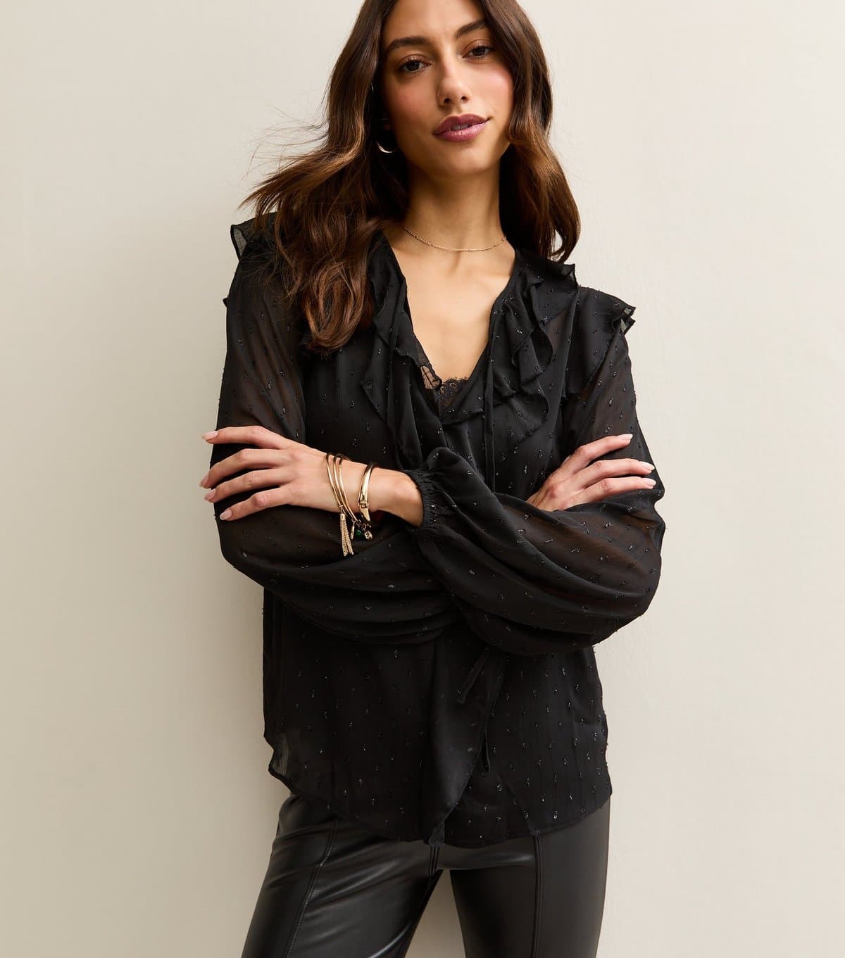 New Look New Look Black Metallic Spot Frill Sheer Blouse