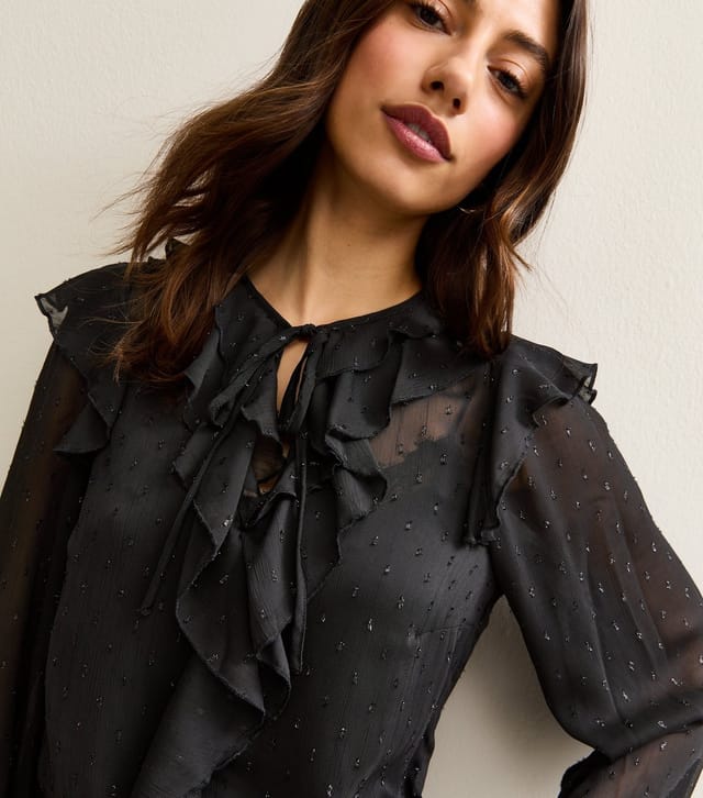 New Look Women's Tall Black Metallic Spot Frill Sheer Blouse New Look - 2