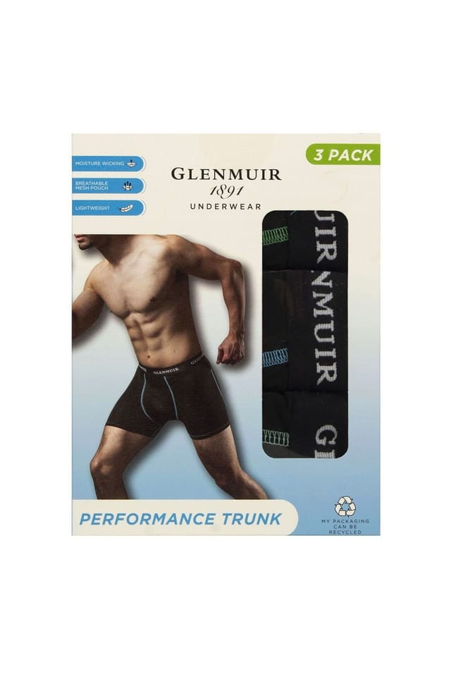 Glenmuir Glenmuir Men's 3 Pack Performance Trunks | Breathable Stretch Sports Fit Underwear in Black - 2