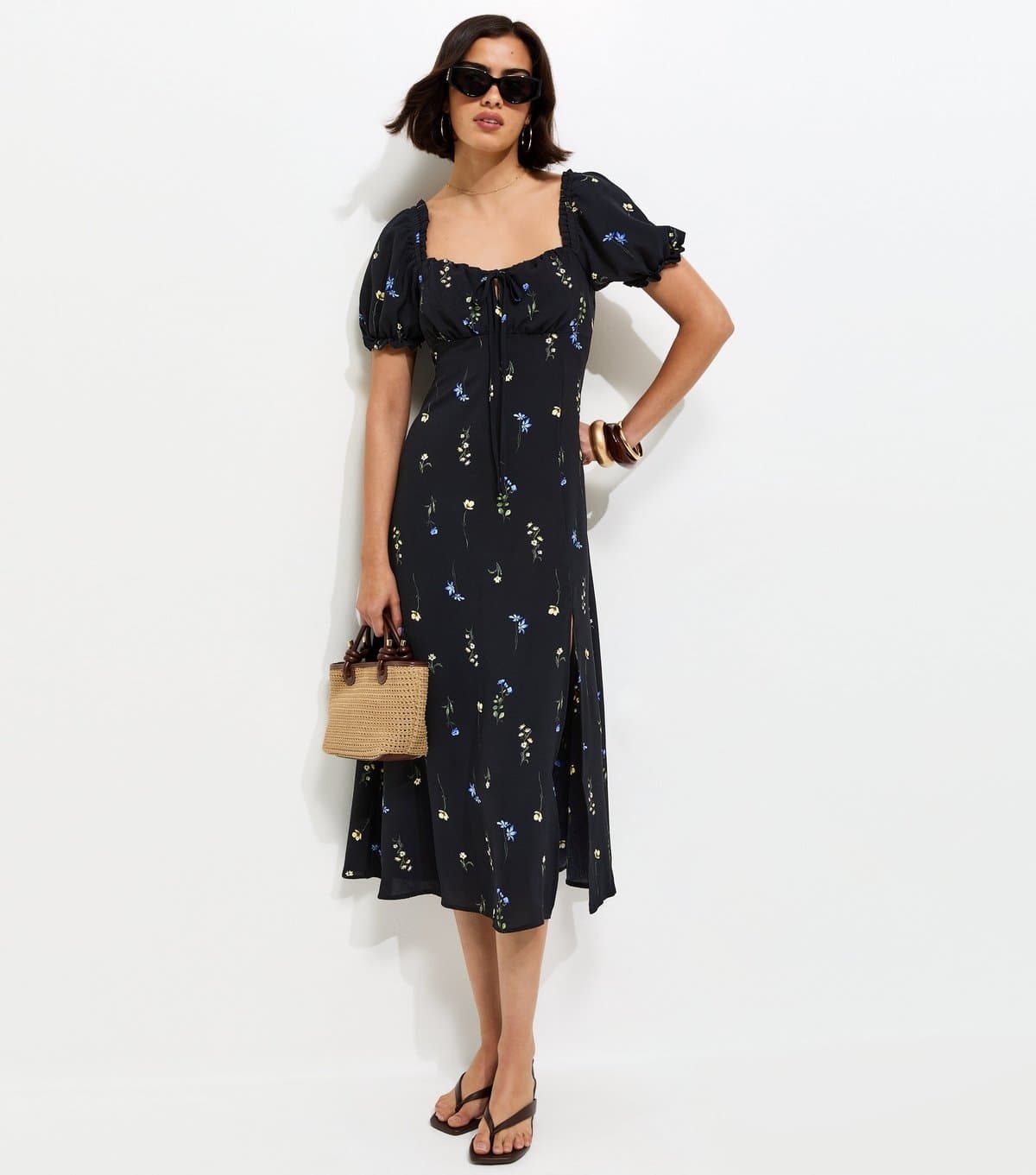 New Look Women's Black Floral Print Milkmaid Midi Dress New Look