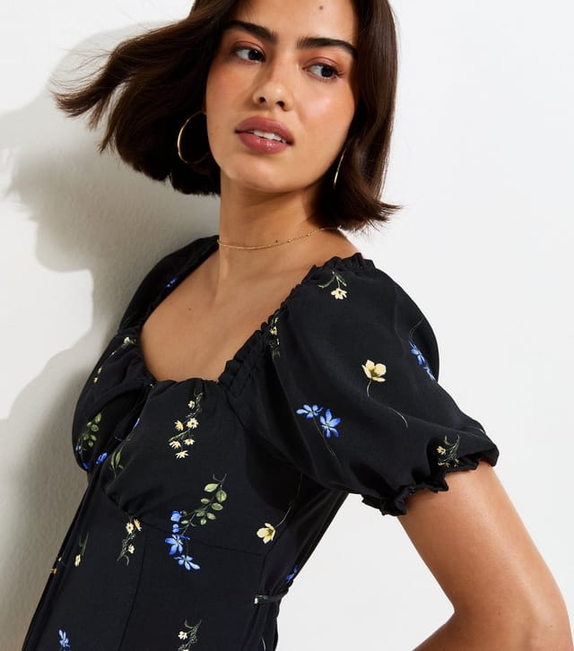 New Look Women's Black Floral Print Milkmaid Midi Dress New Look - 2
