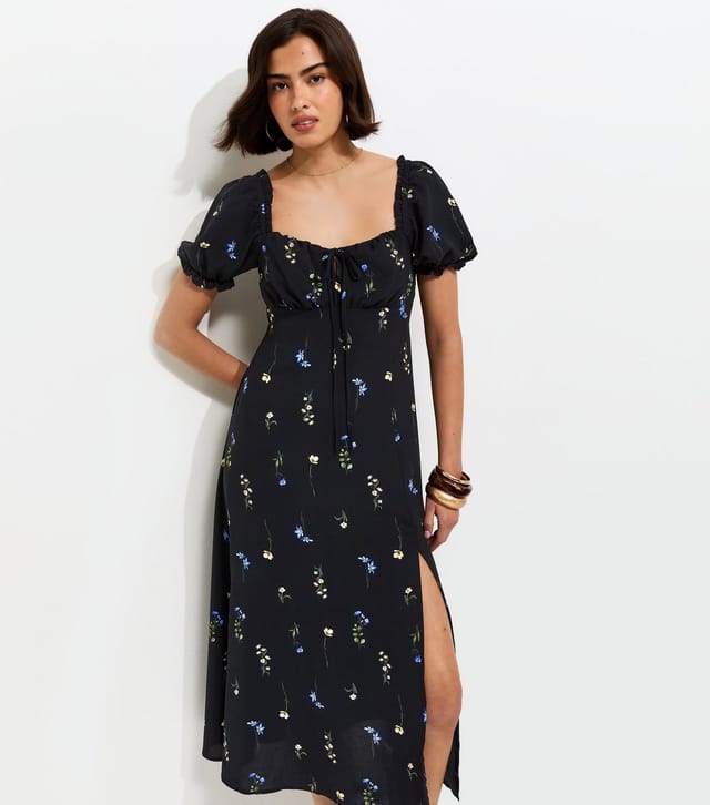 New Look Women's Black Floral Print Milkmaid Midi Dress New Look - 3