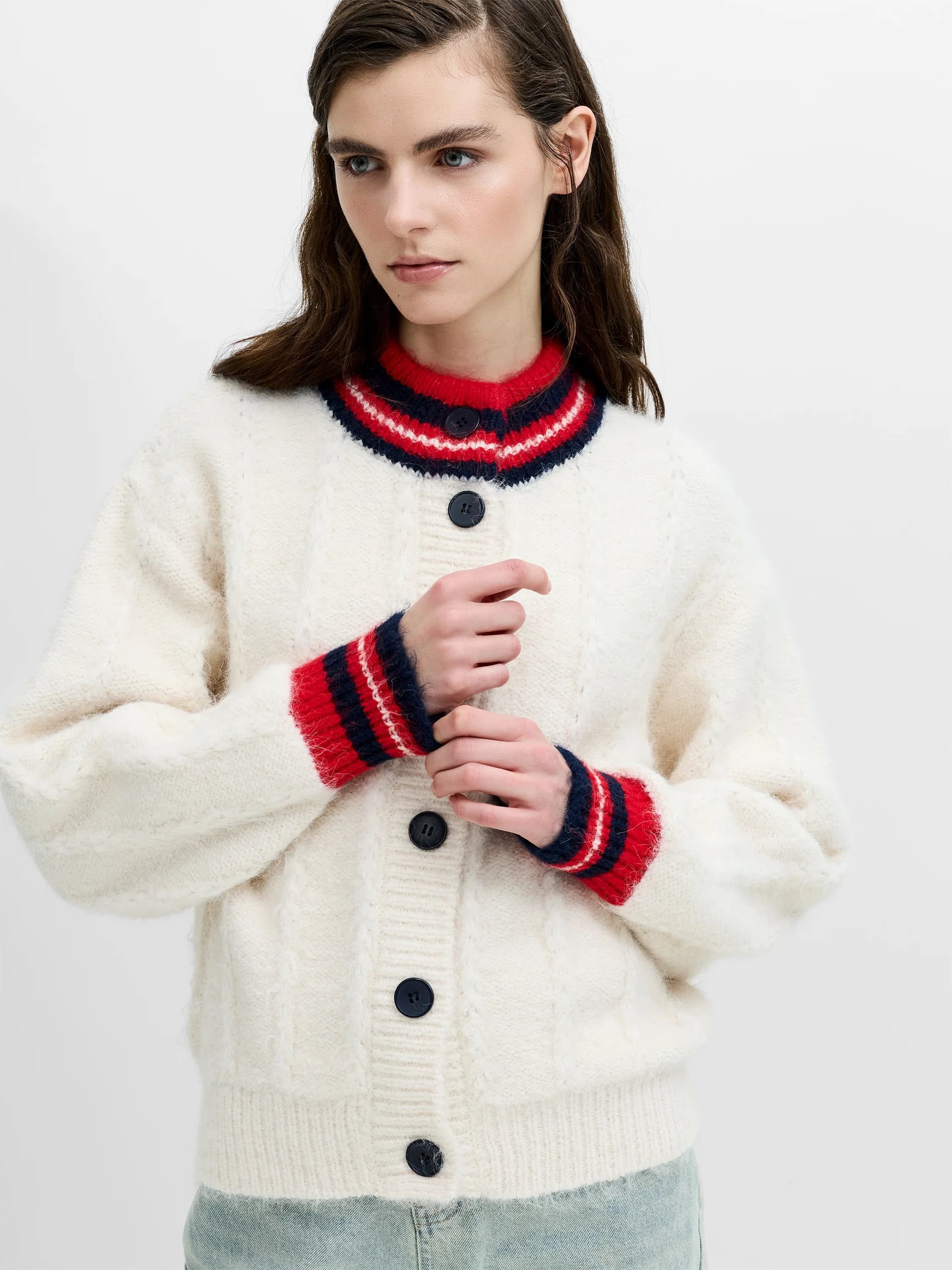French Connection Kenley Recycled Cream Contrast Trim Brushed Cardigan Porcelain Cream Multicolour