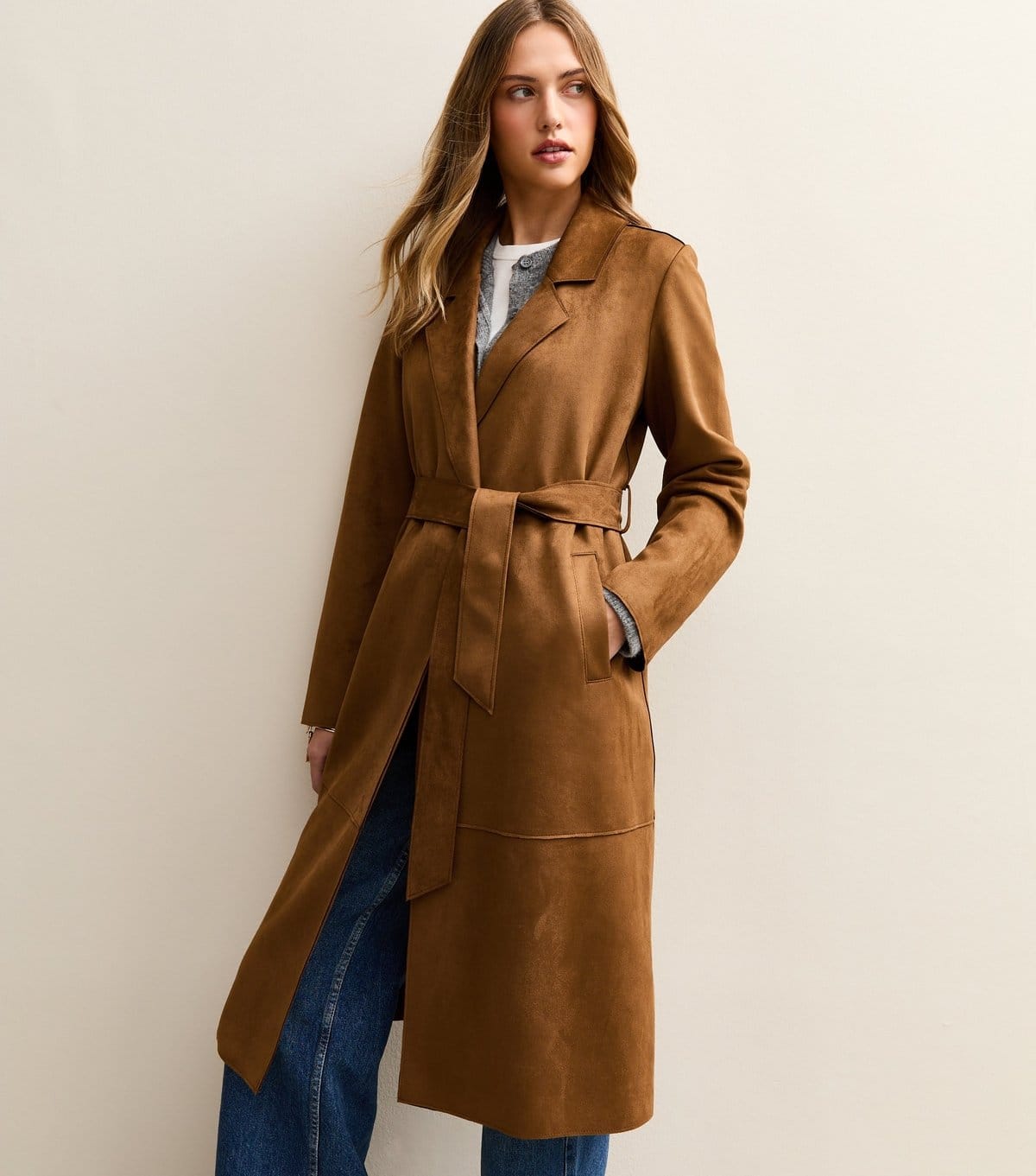 New Look Women's Tan Faux Suede Belted Duster Coat New Look - 1