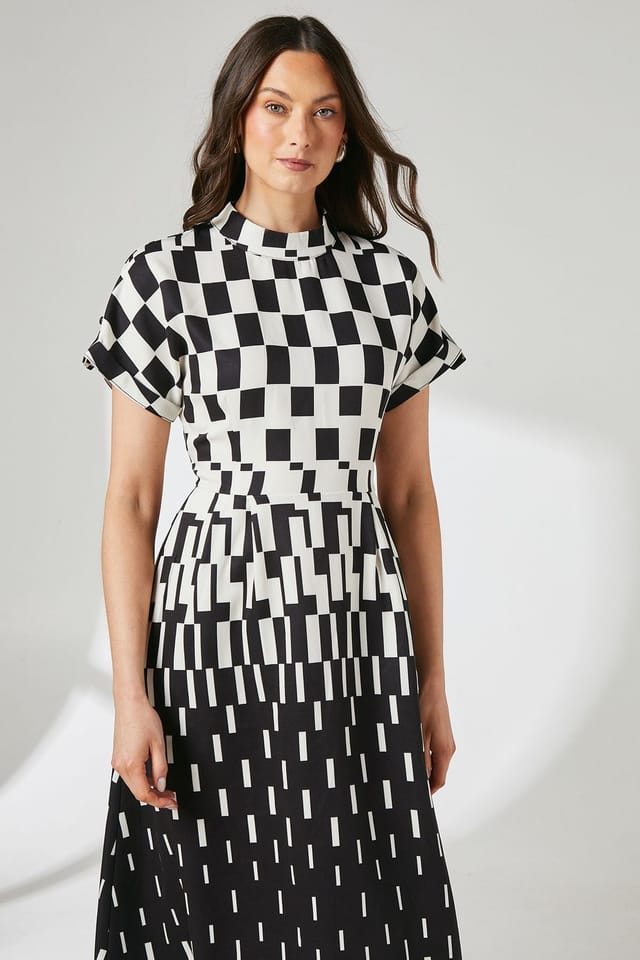 Principles Principles Women's Geo Print High Neck Detail Crepe Midi Dress in Mono - 2