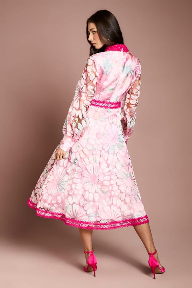 Coast Coast Women's Printed Organza Contrast Collar Lace Trim Midi Dress in Pink - 3