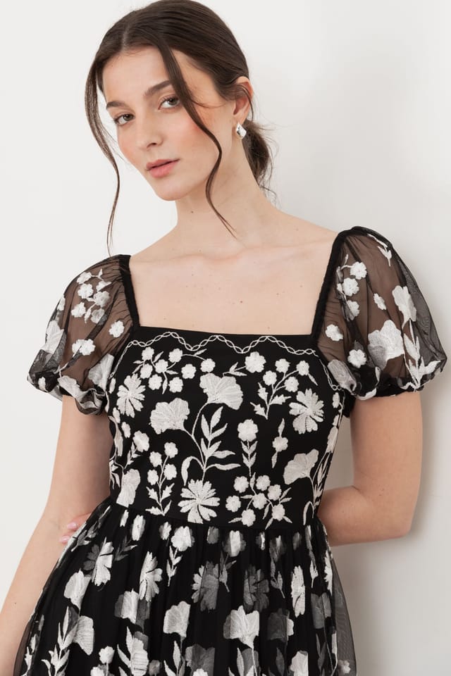 Maya Deluxe Maya Deluxe Women's Floral Embroidered Short Sleeve Midaxi Dress in Black - 3