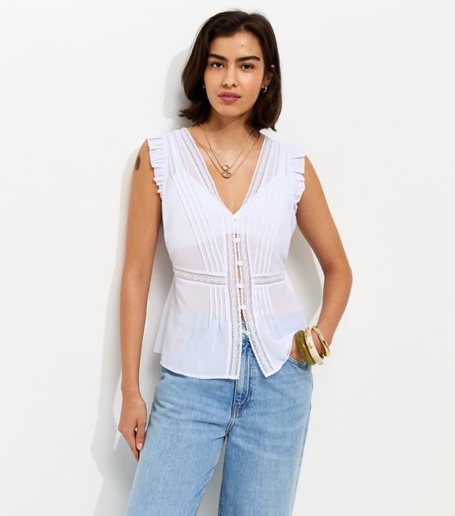 New Look Women's Cream Pintuck Lace Trim Semi-Sheer Top New Look - 2