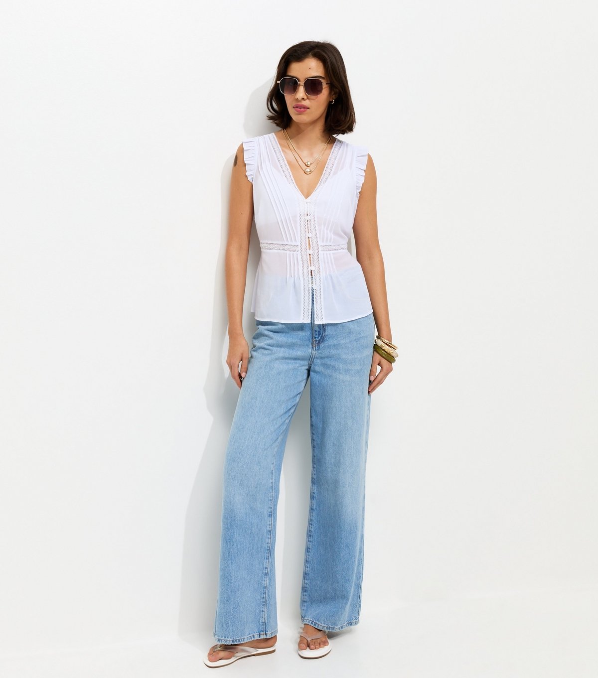 New Look Women's Cream Pintuck Lace Trim Semi-Sheer Top New Look - 3