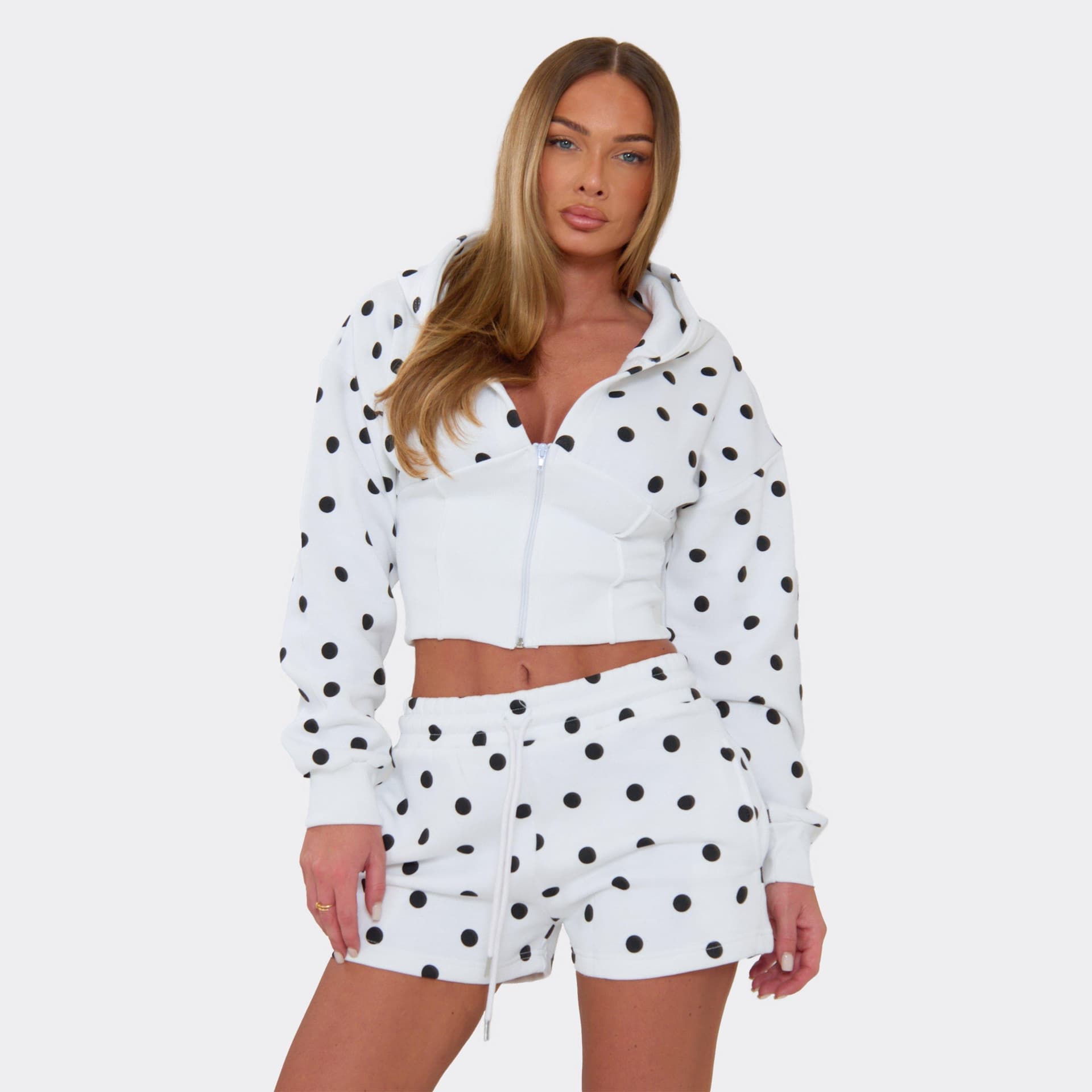 EGO Long Sleeve Cinched Waist Zip Up Hoodie And Sweat Shorts Co-Ord Set In White Polka Dot, Women's Size UK L