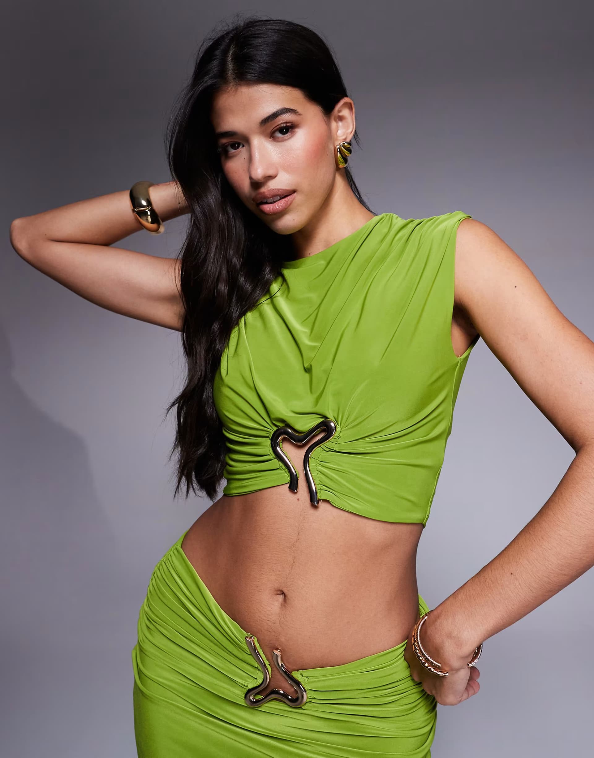 ASOS ASOS DESIGN co-ord ruched short sleeve top with hardware detail in avocado green