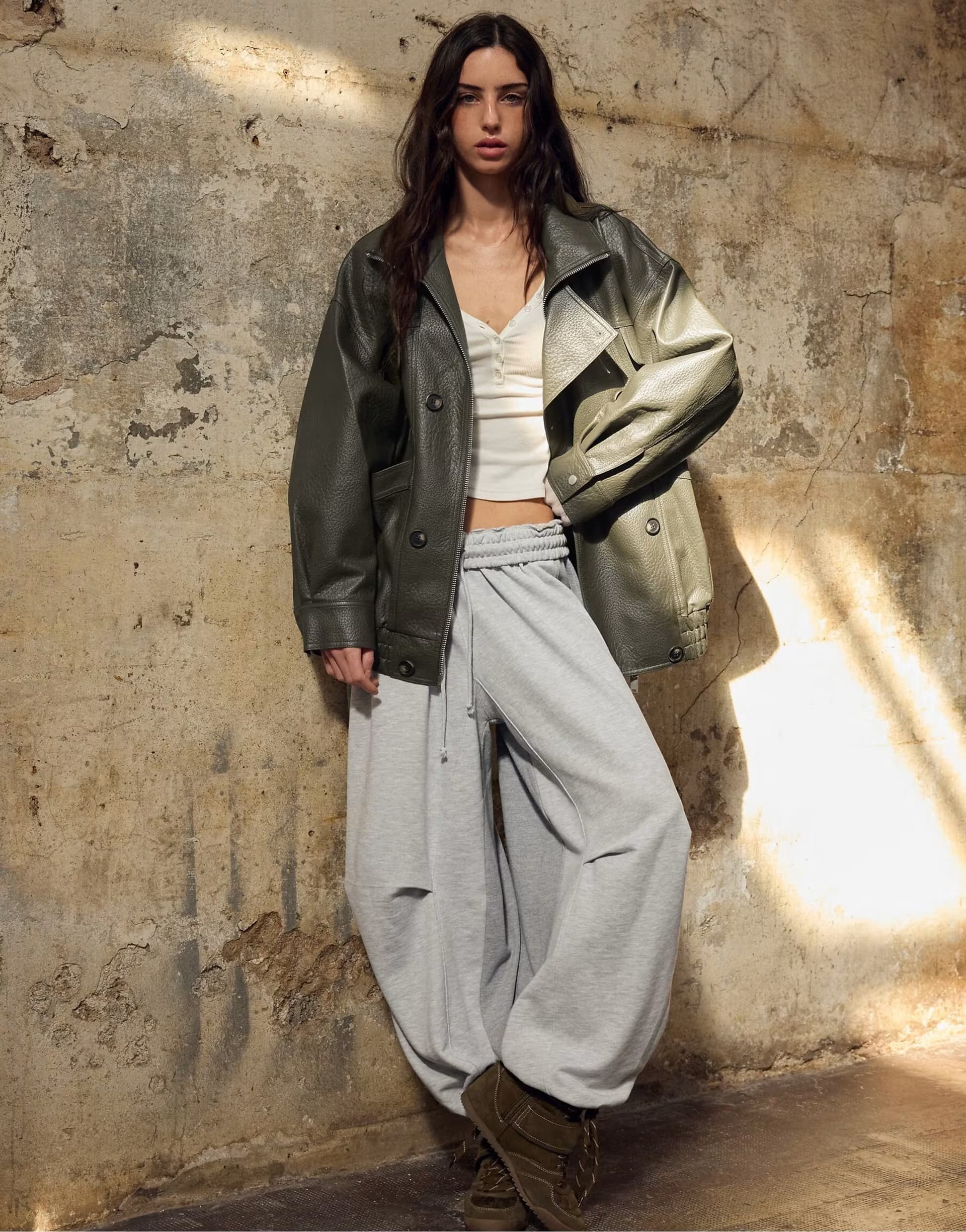 ASOS Stradivarius Oversize leather effect jacket in khaki
