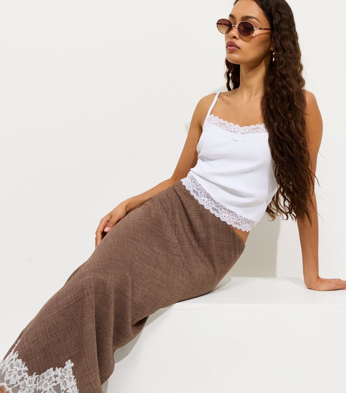 New Look Women's Petite Dark Brown Woven Lace Trim Midi Skirt New Look