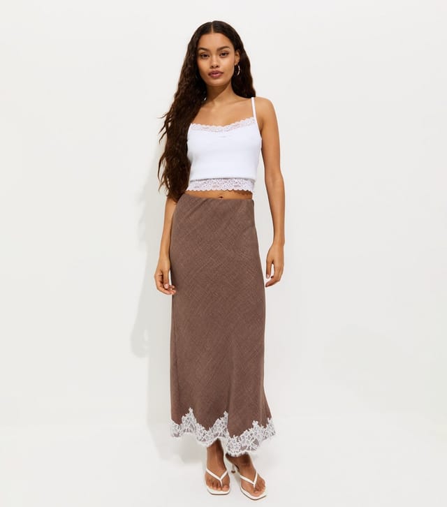 New Look Women's Petite Dark Brown Woven Lace Trim Midi Skirt New Look - 2