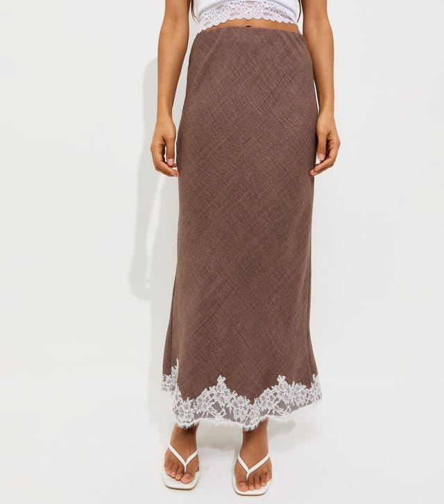 New Look Women's Petite Dark Brown Woven Lace Trim Midi Skirt New Look - 3