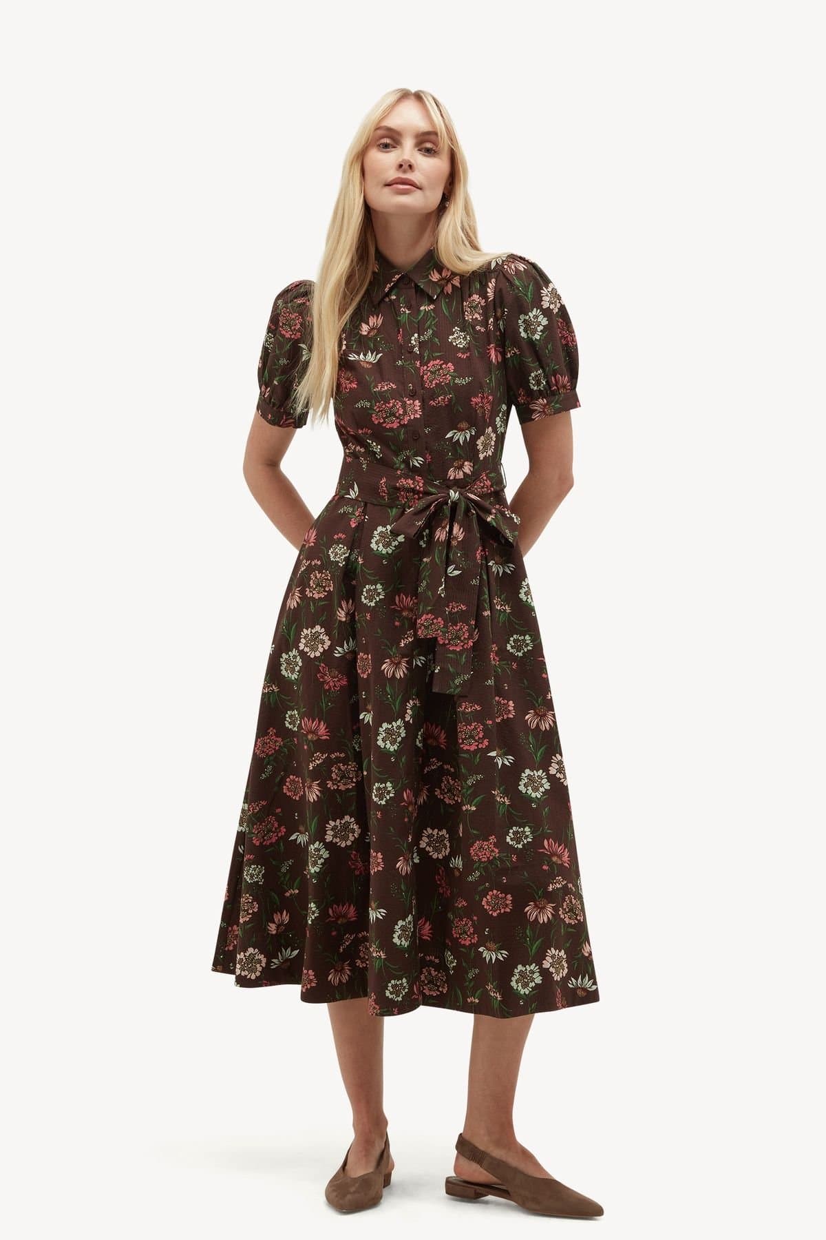 Hobbs London Hobbs London Women's Hester Floral Embroidered Shirt Dress in Chocolate
