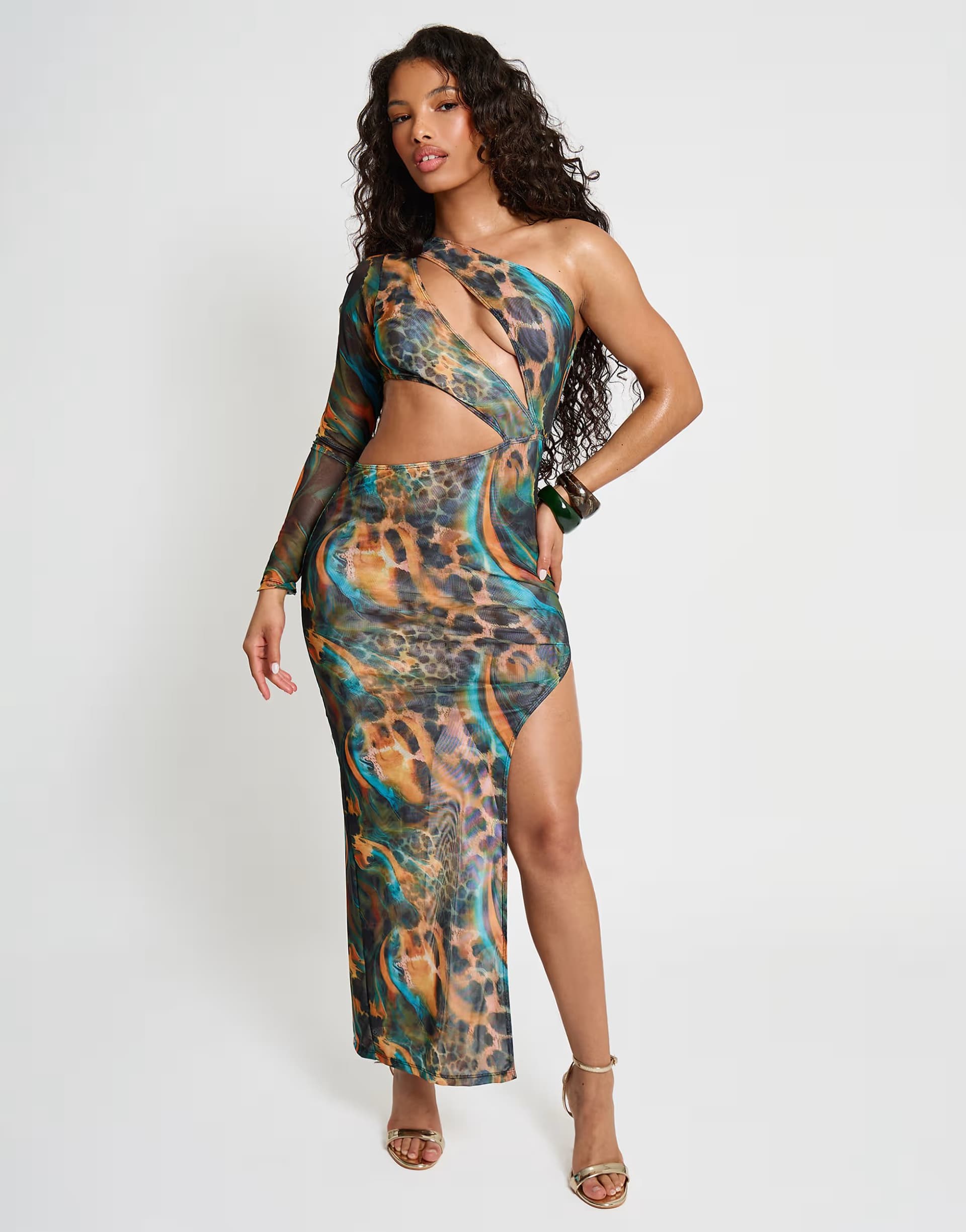 ASOS Public Desire Aysemetric cut out one sleeve maxi dress in leopard