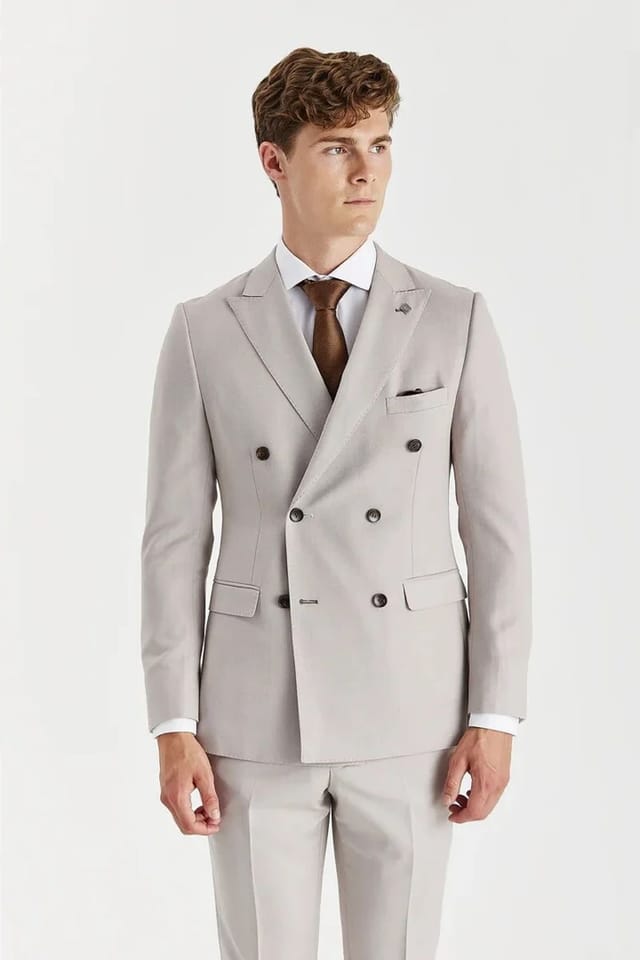 Paul Andrew Paul Andrew Men's 2 Piece Suit Double Breasted Birdseye Wedding in Stone - 2