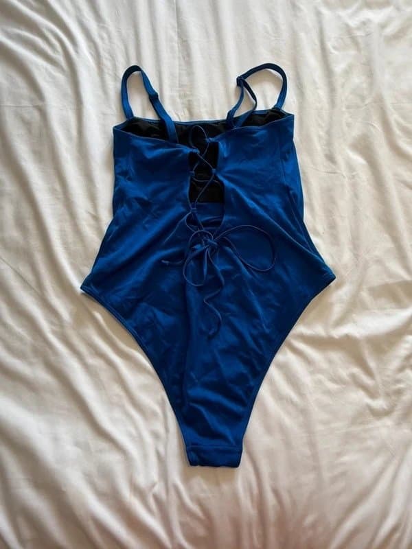ASOS Design Blue Metallic Lace Back Swimsuit