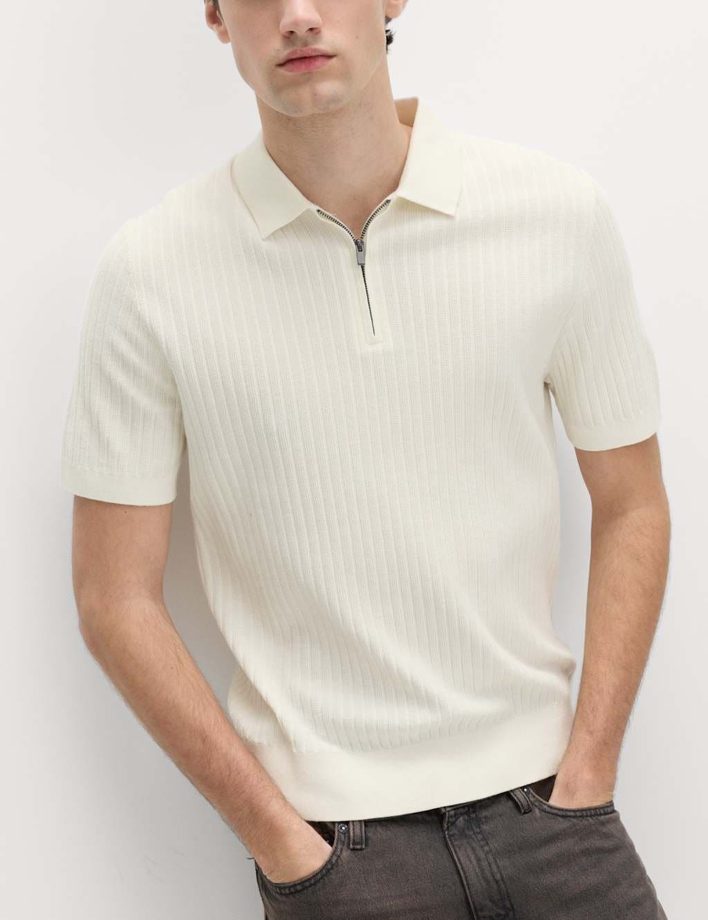 Marks & Spencer M&S Ivory Cotton Rich Ribbed Polo Shirt