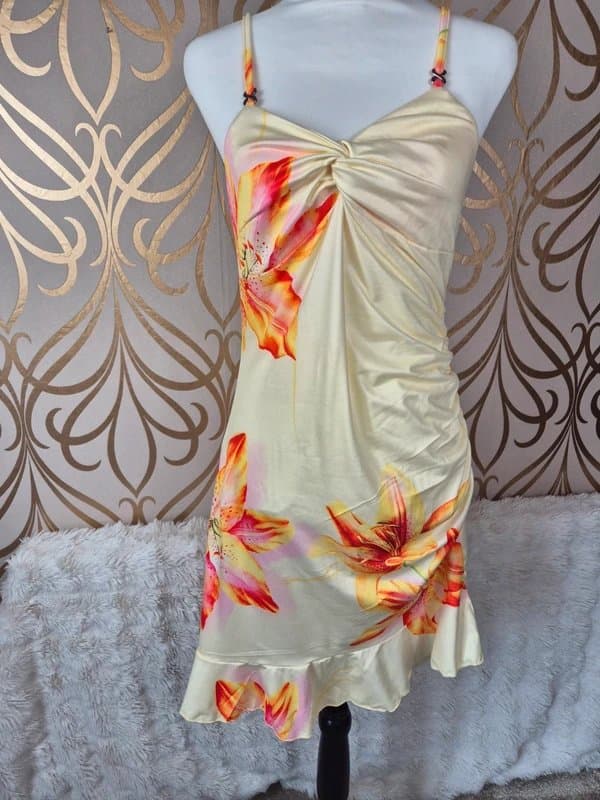 Shein Yellow supersoft strappy ruched floral tropical frill dress size 16