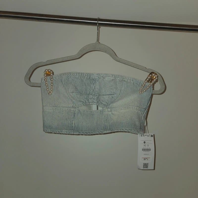Bershka Textured Denim Striped Cutout Detail Cropped Bandeau