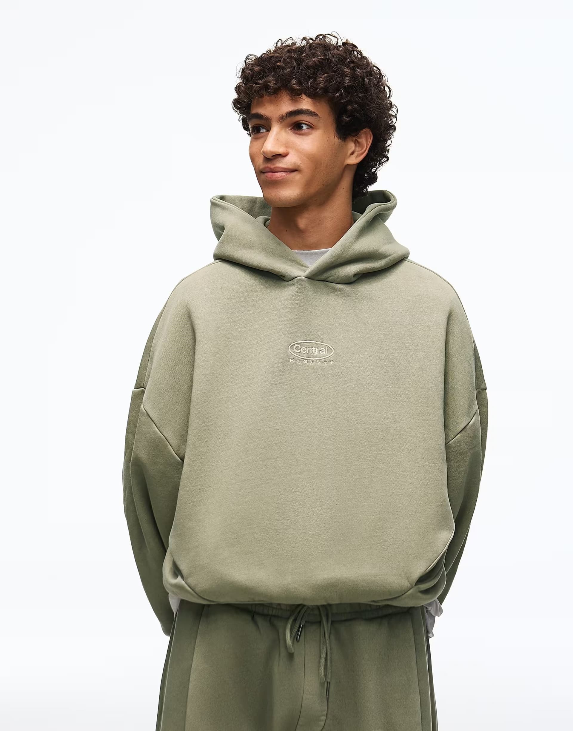 ASOS Bershka Boxy washed hoodie in khaki
