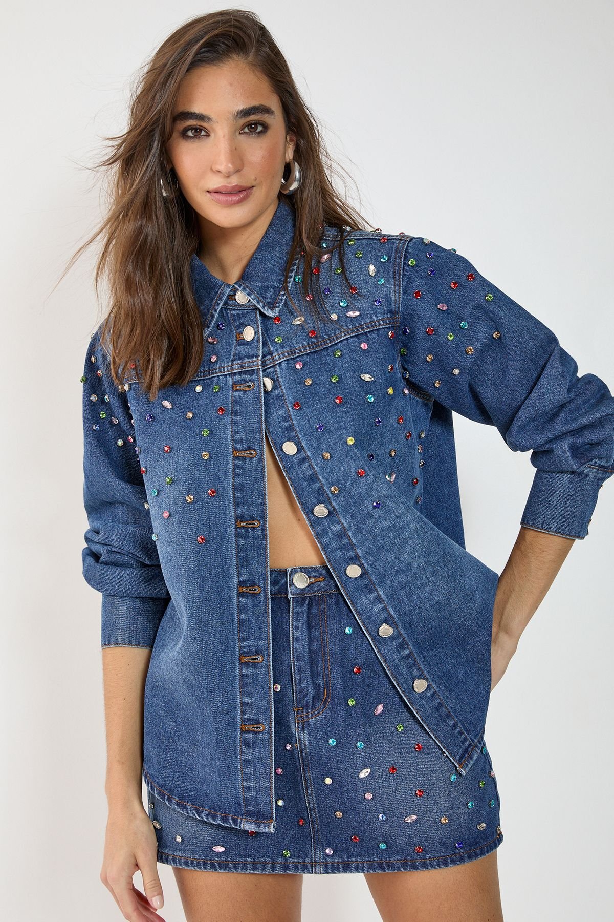 NastyGal NastyGal Women's Denim Jewel Long Sleeve Shirt in Authentic Midwash - 3