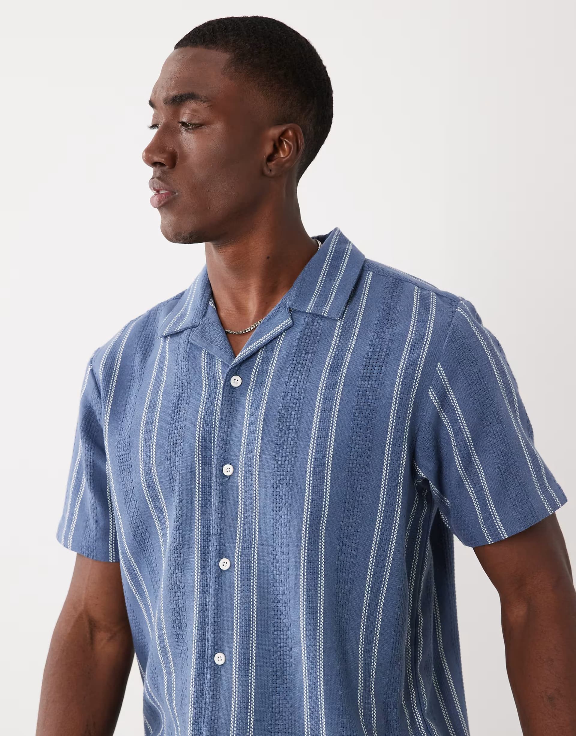 ASOS Threadbare cotton mix textured short sleeve shirt in navy and ecru stripe