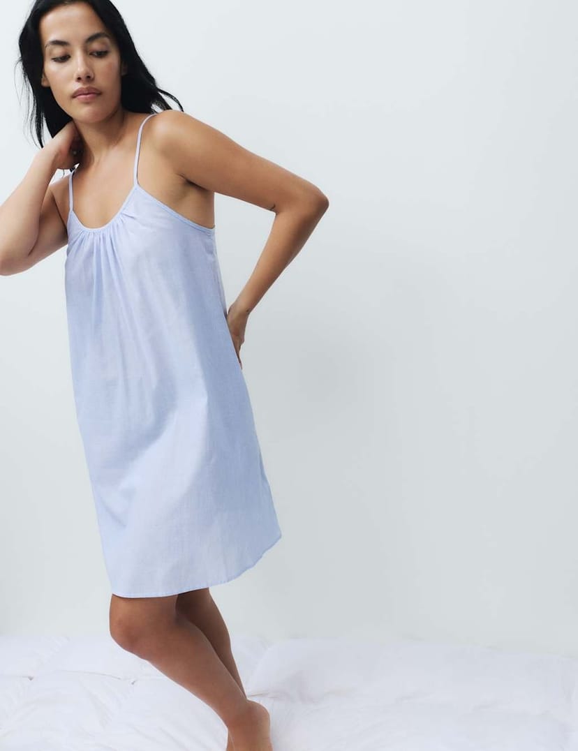 Marks & Spencer M&S Pure Cotton Striped Short Chemise Blue Mix - 1
