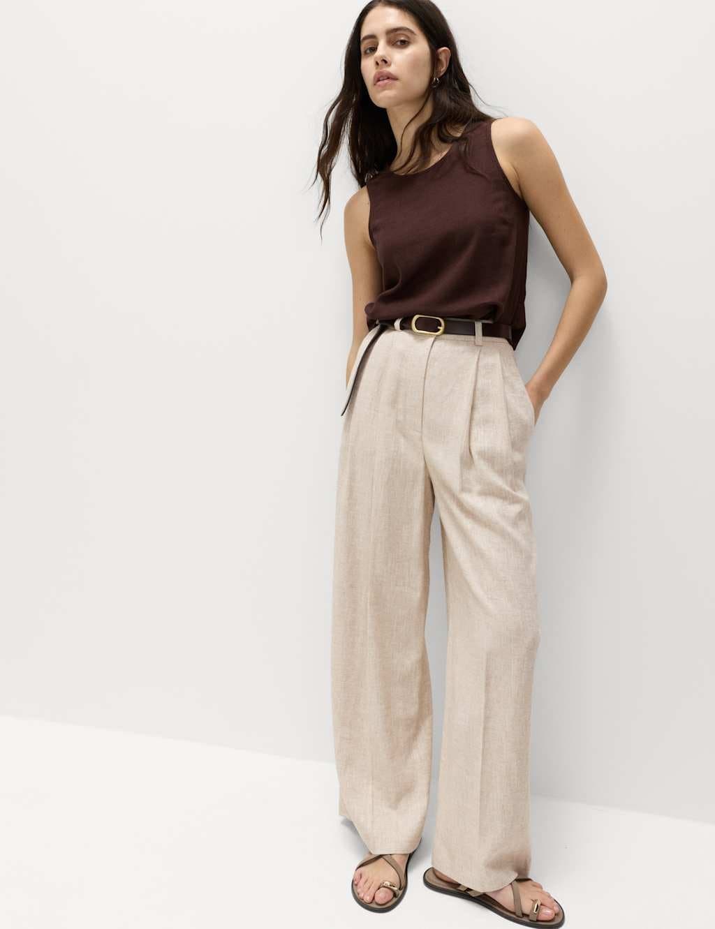 Marks & Spencer M&S Linen Blend Pleat Front Wide Leg Trousers Multi/Neutral