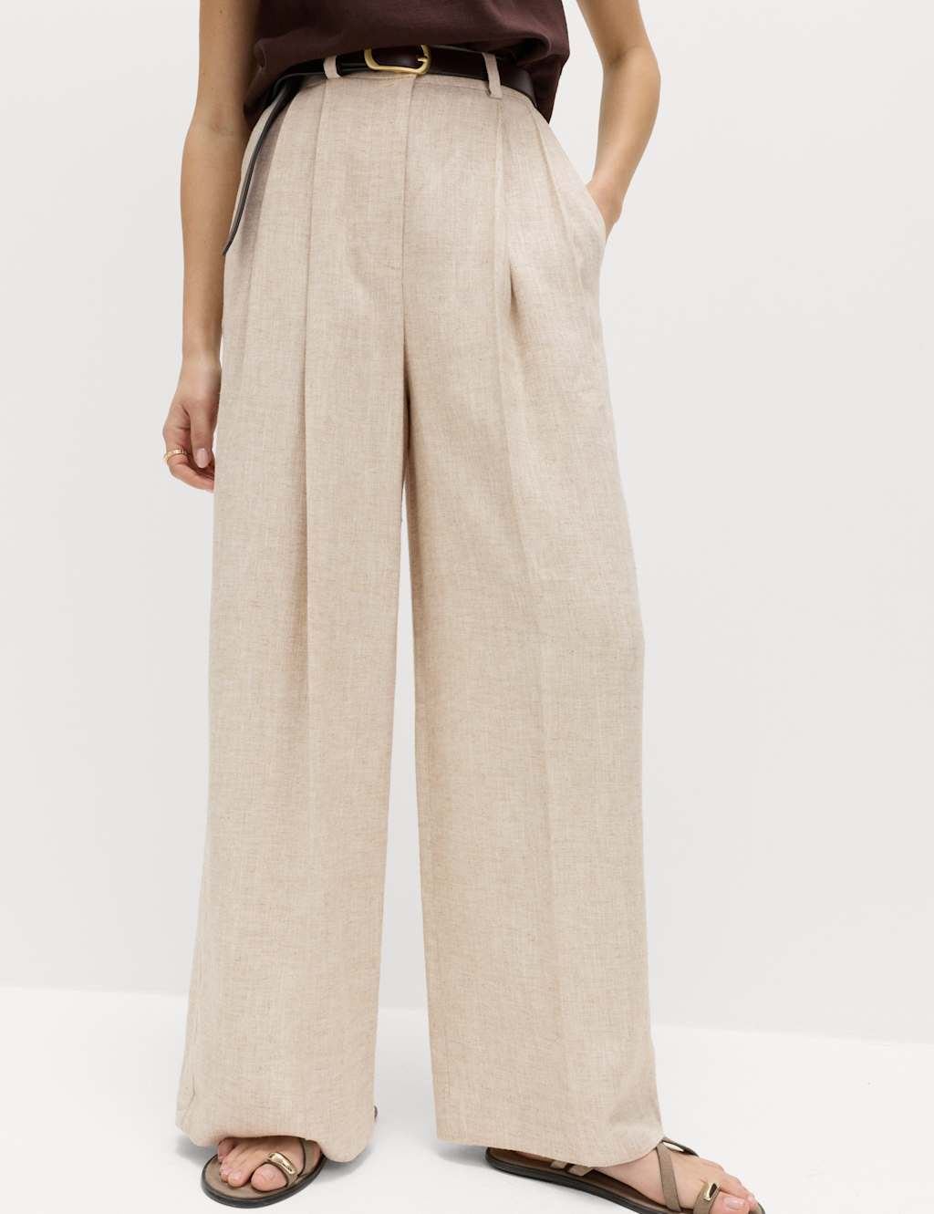 Marks & Spencer M&S Linen Blend Pleat Front Wide Leg Trousers Multi/Neutral - 4