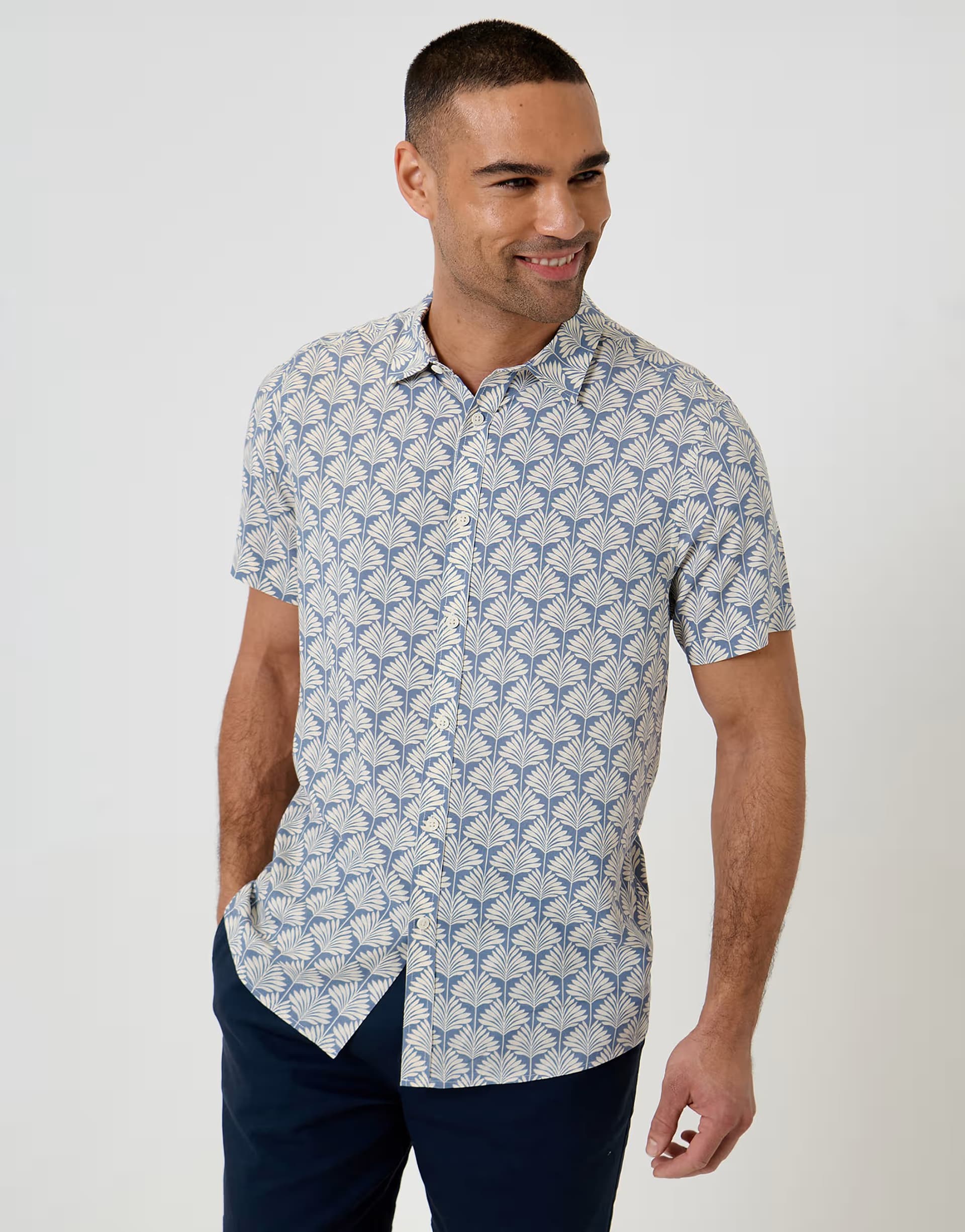 ASOS Threadbare Linear leaf print short sleeve shirt in blue
