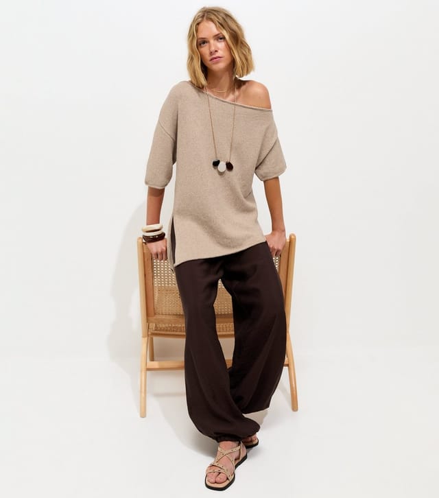 New Look Women's Oatmeal Asymmetric Relaxed Slub T-Shirt New Look - 3